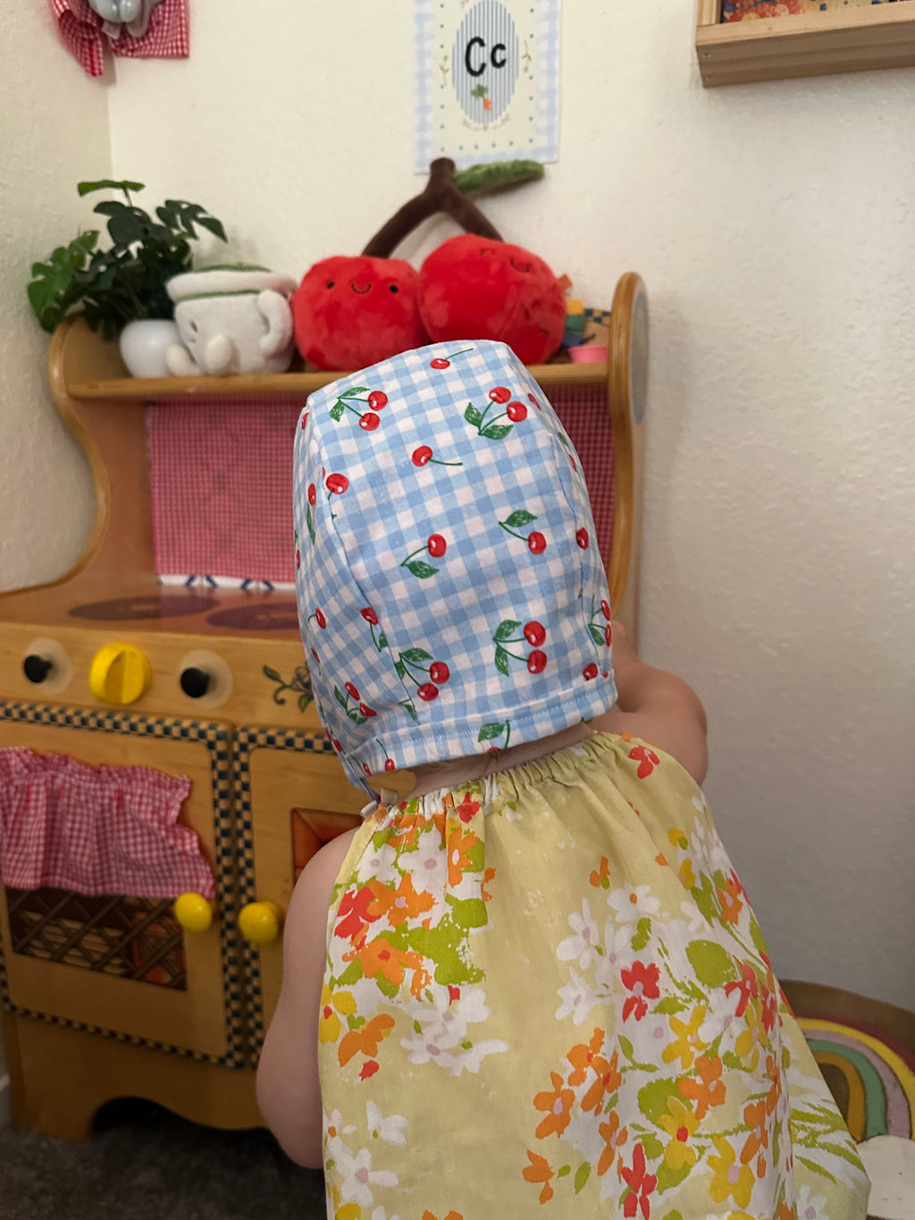 Reversible Cherry & Gingham Baby Bonnet 9m-18month