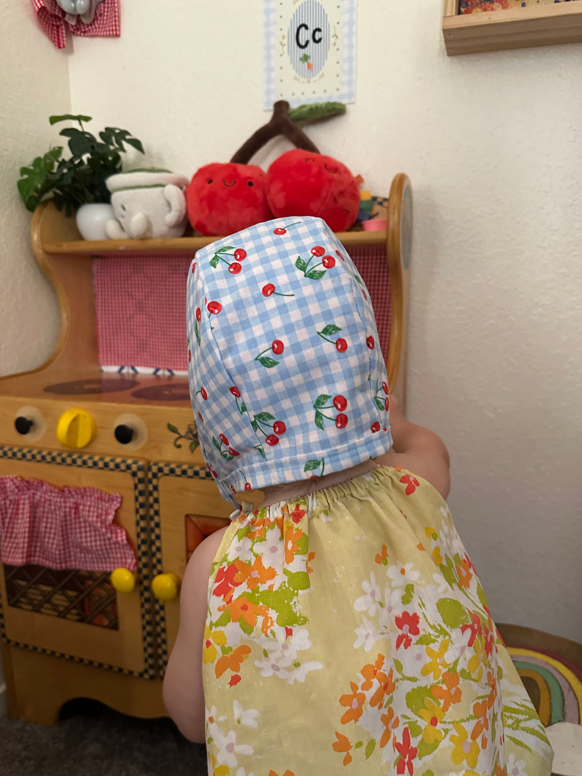 Reversible Cherry & Gingham Baby Bonnet 9m-18month