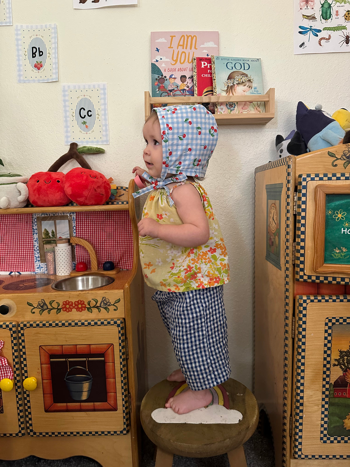 Reversible Cherry & Gingham Baby Bonnet 9m-18month