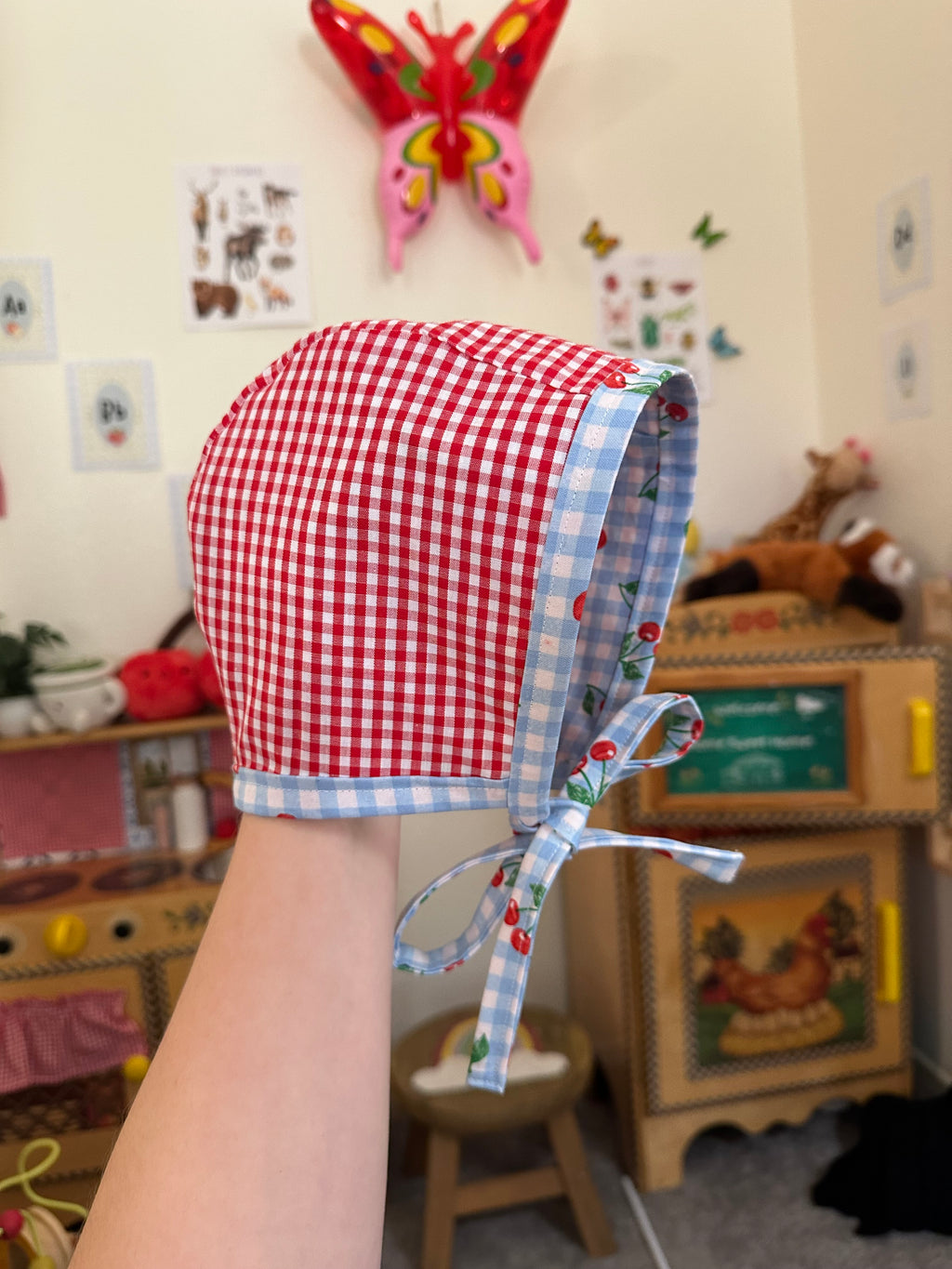 Reversible Cherry & Gingham Baby Bonnet 9m-18month