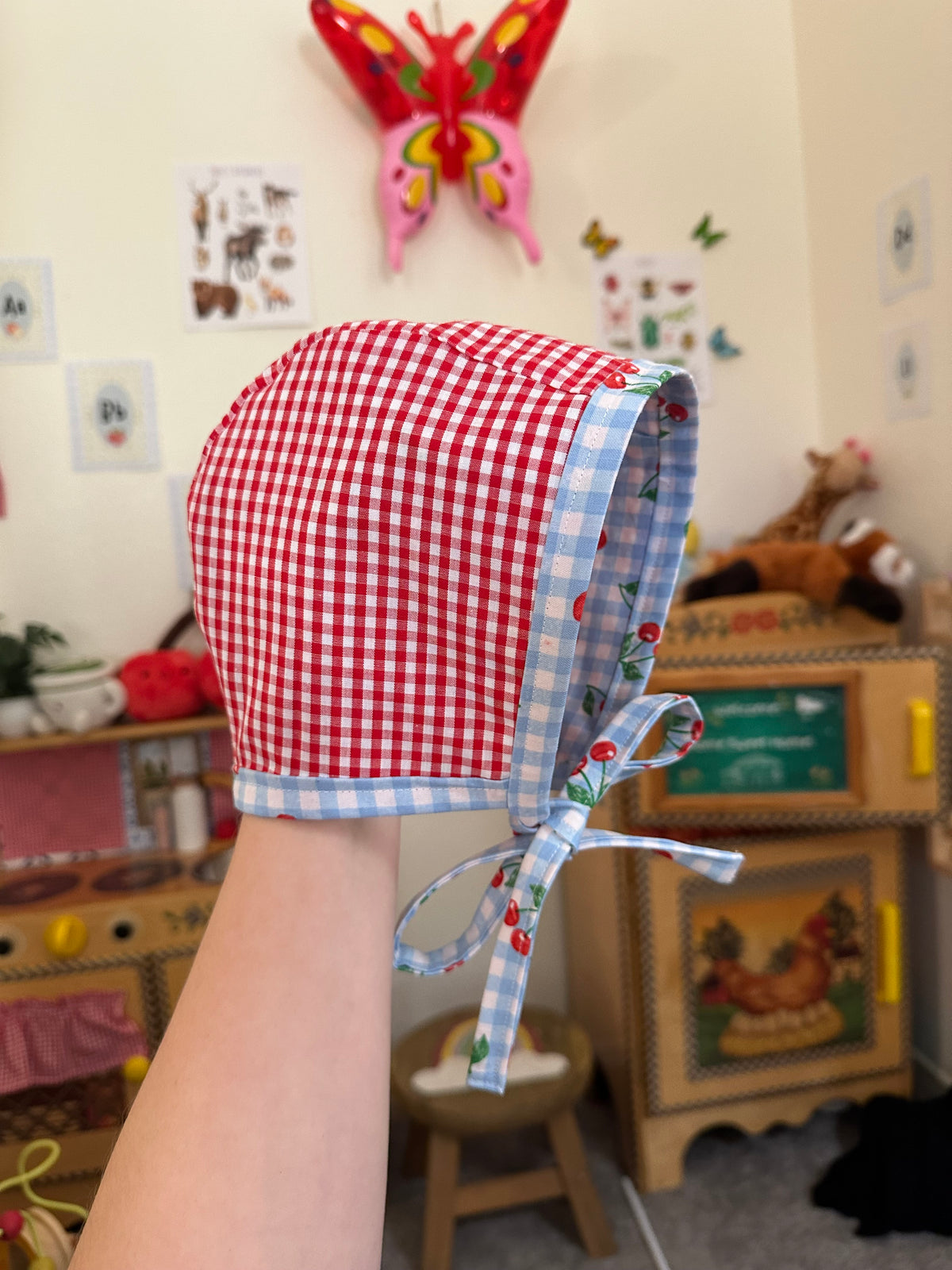 Reversible Cherry & Gingham Baby Bonnet 9m-18month