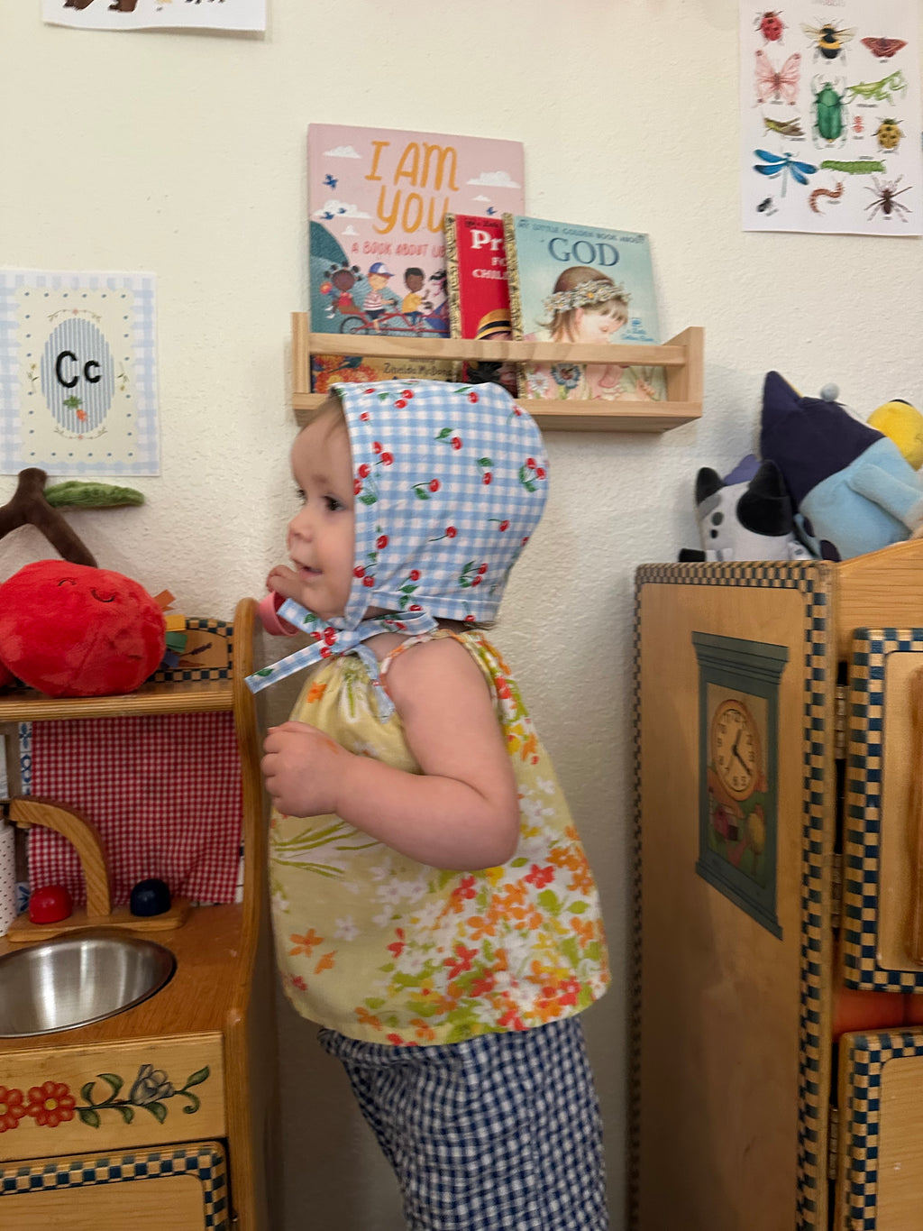 Reversible Cherry & Gingham Baby Bonnet 9m-18month