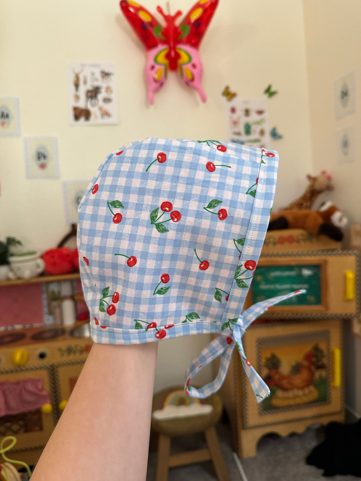 Reversible Cherry & Gingham Baby Bonnet 9m-18month