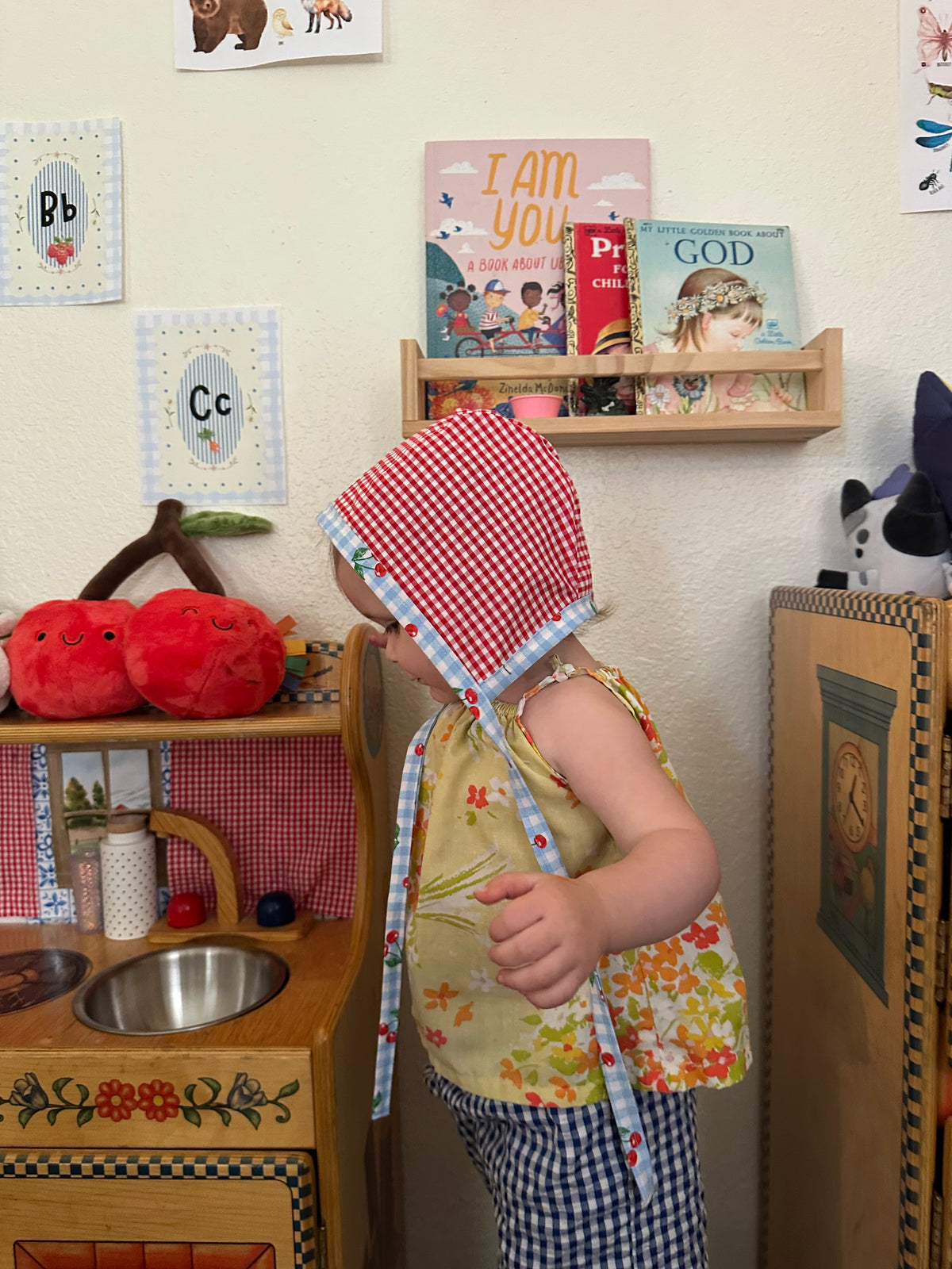 Reversible Cherry & Gingham Baby Bonnet 9m-18month