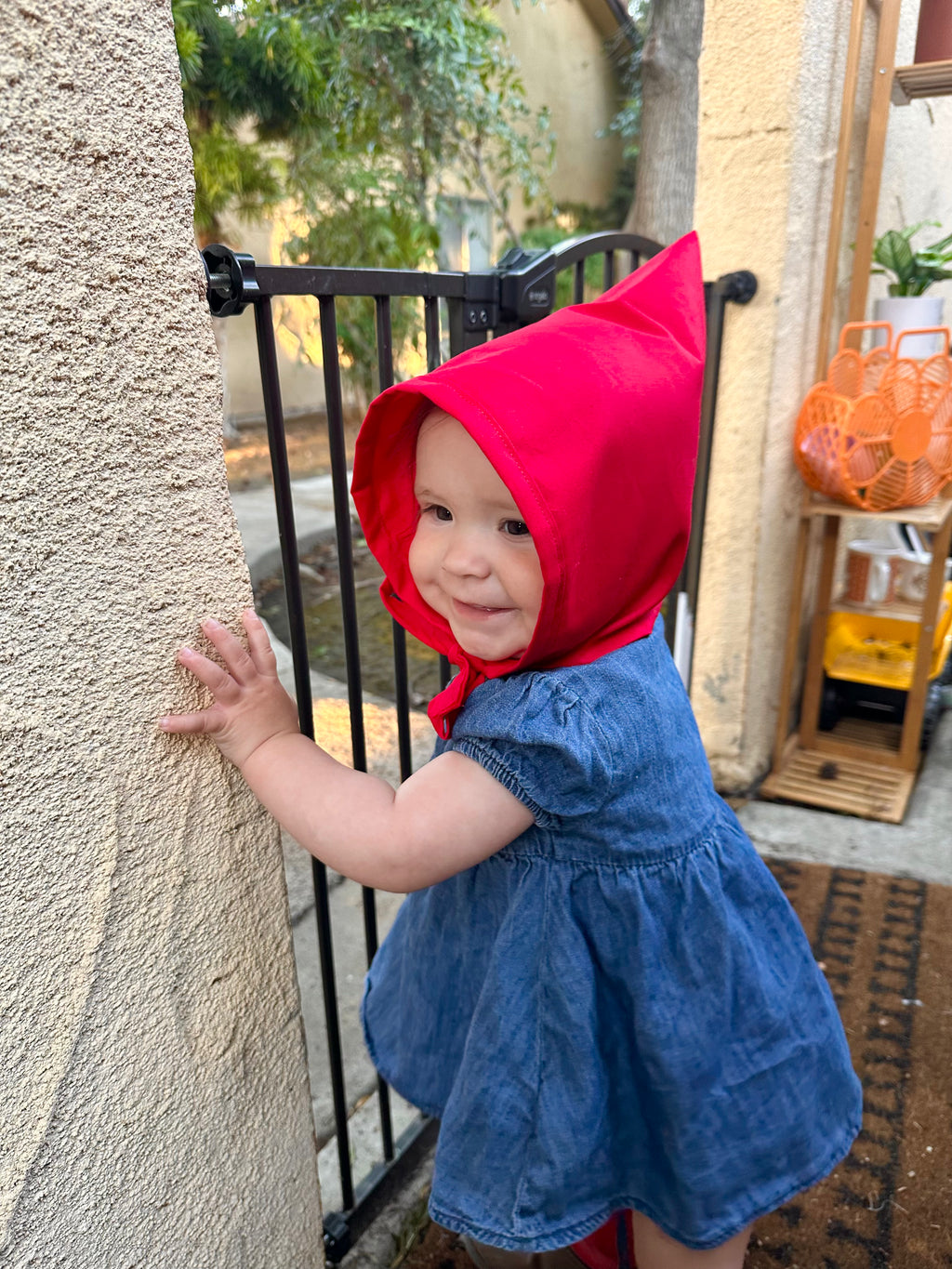 Bright Red Cotton Picnic Pixie Bonnet