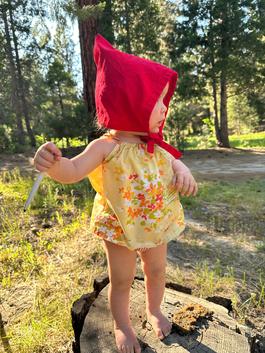 Bright Red Cotton Picnic Pixie Bonnet