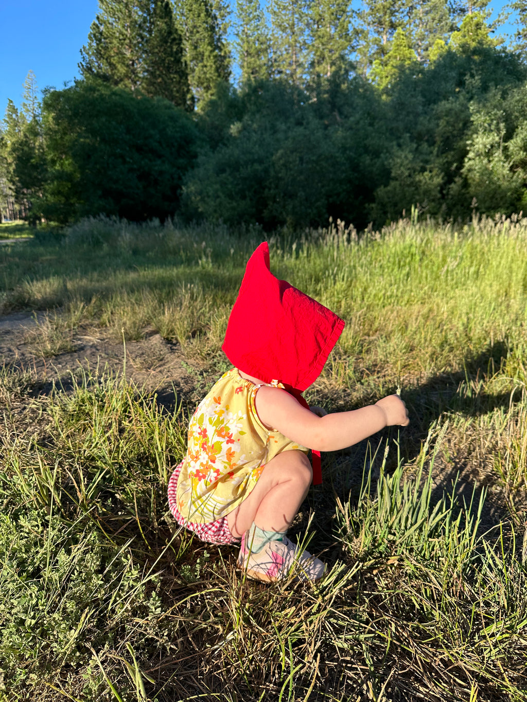 Bright Red Cotton Picnic Pixie Bonnet